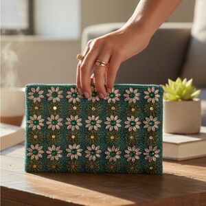 Anthropologie Daisy Beaded Clutch - Teal and Gold